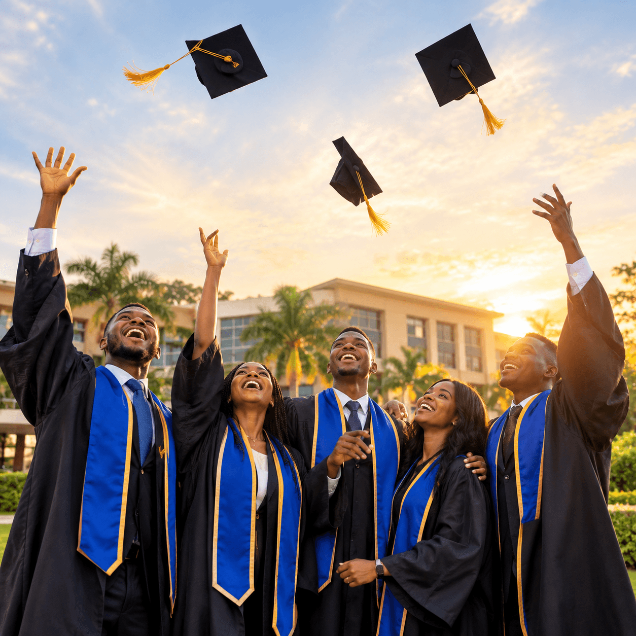Nigerian university graduates in gowns throwing their caps in the air on campus at golden hour