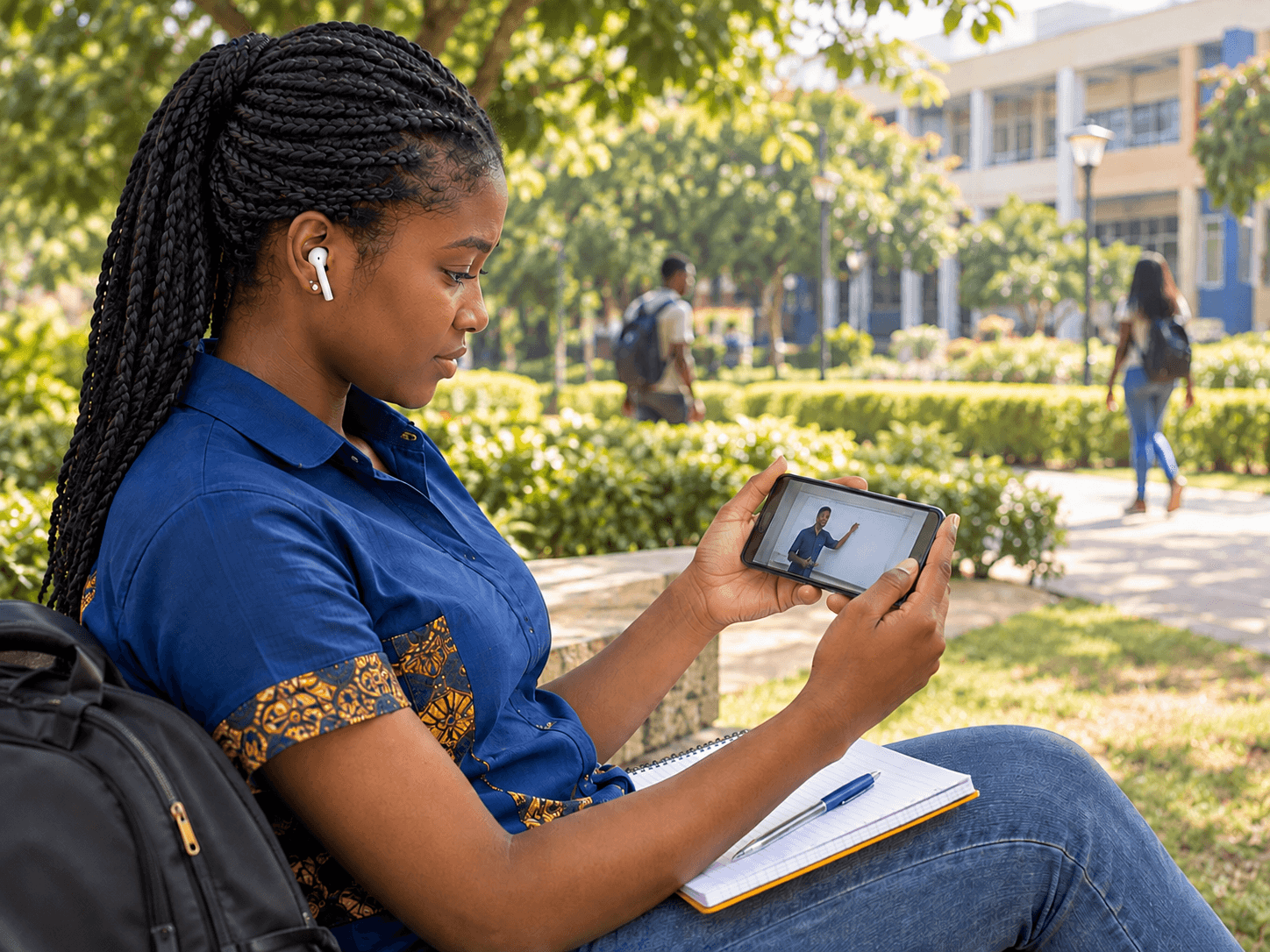 A university student with earbuds watching a recorded lecture on her phone in a leafy campus garden