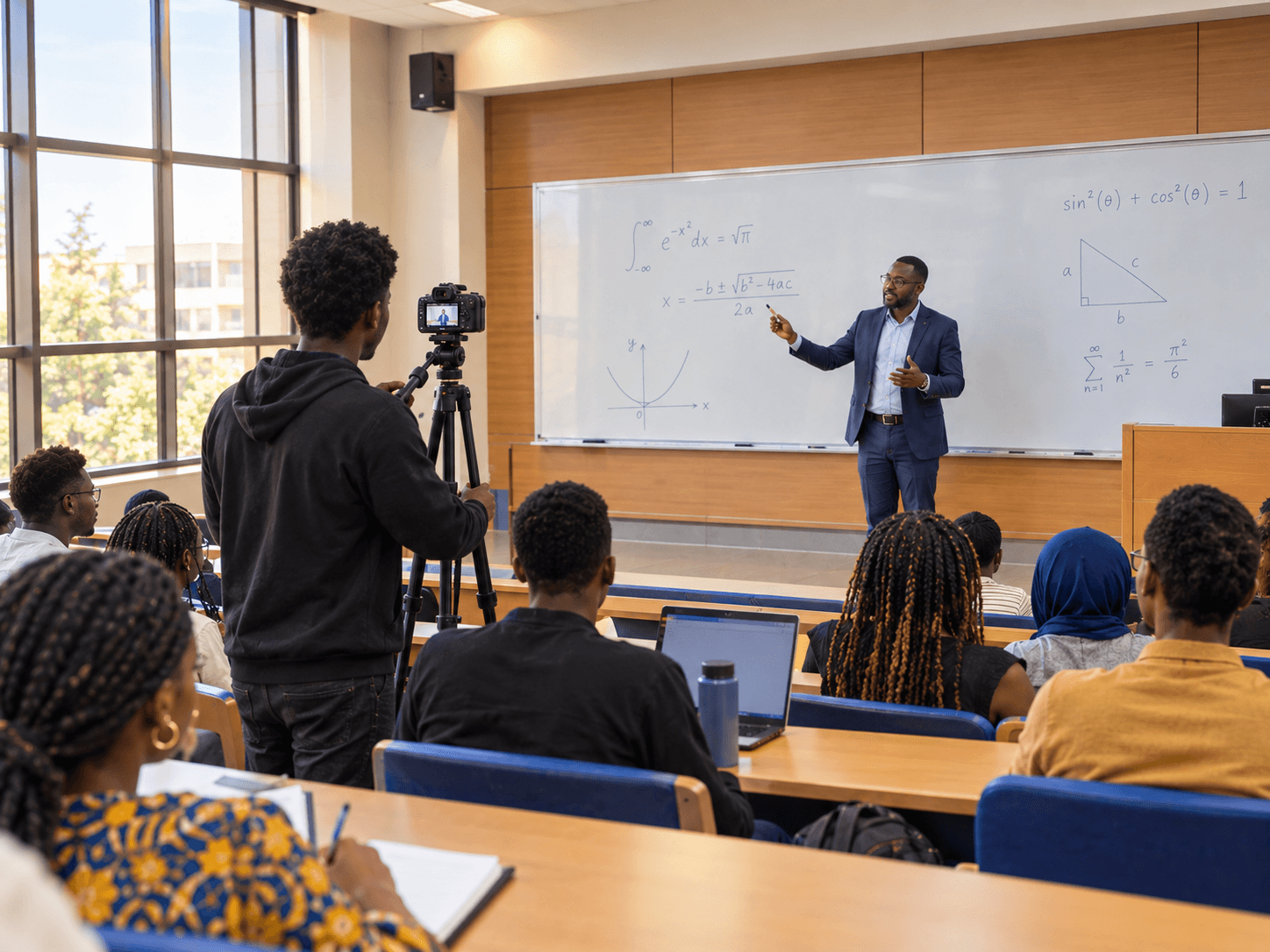 A lecturer teaching at a whiteboard in a Nigerian university lecture hall while a student films the class on a tripod camera